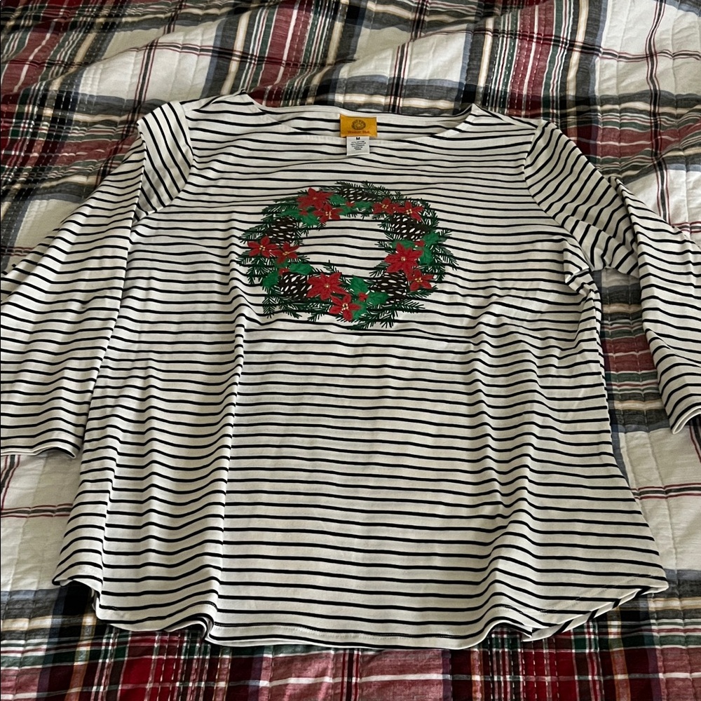 Ruby Rd. Black and White Striped Top with Holiday Wreath